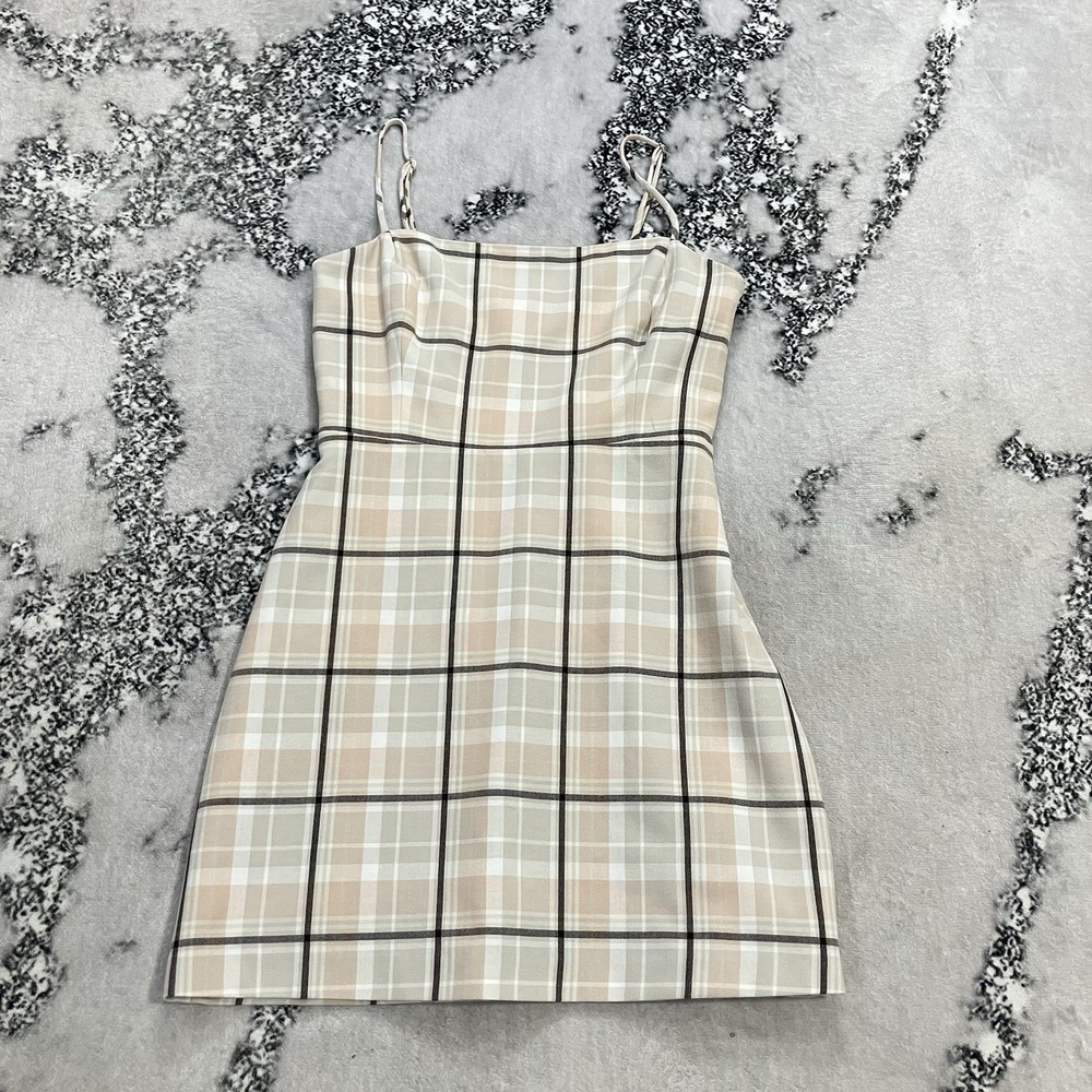 Wilfred Aritzia Plaid Mini Dress Size 4 Beige Taupe‎ Strappy Fitted Cottage
